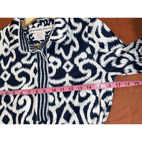 Gretchen Scott Blue & White Ikat Print Dress 3/4 Sleeves & Stand Collar Women's - Picture 7 of 9